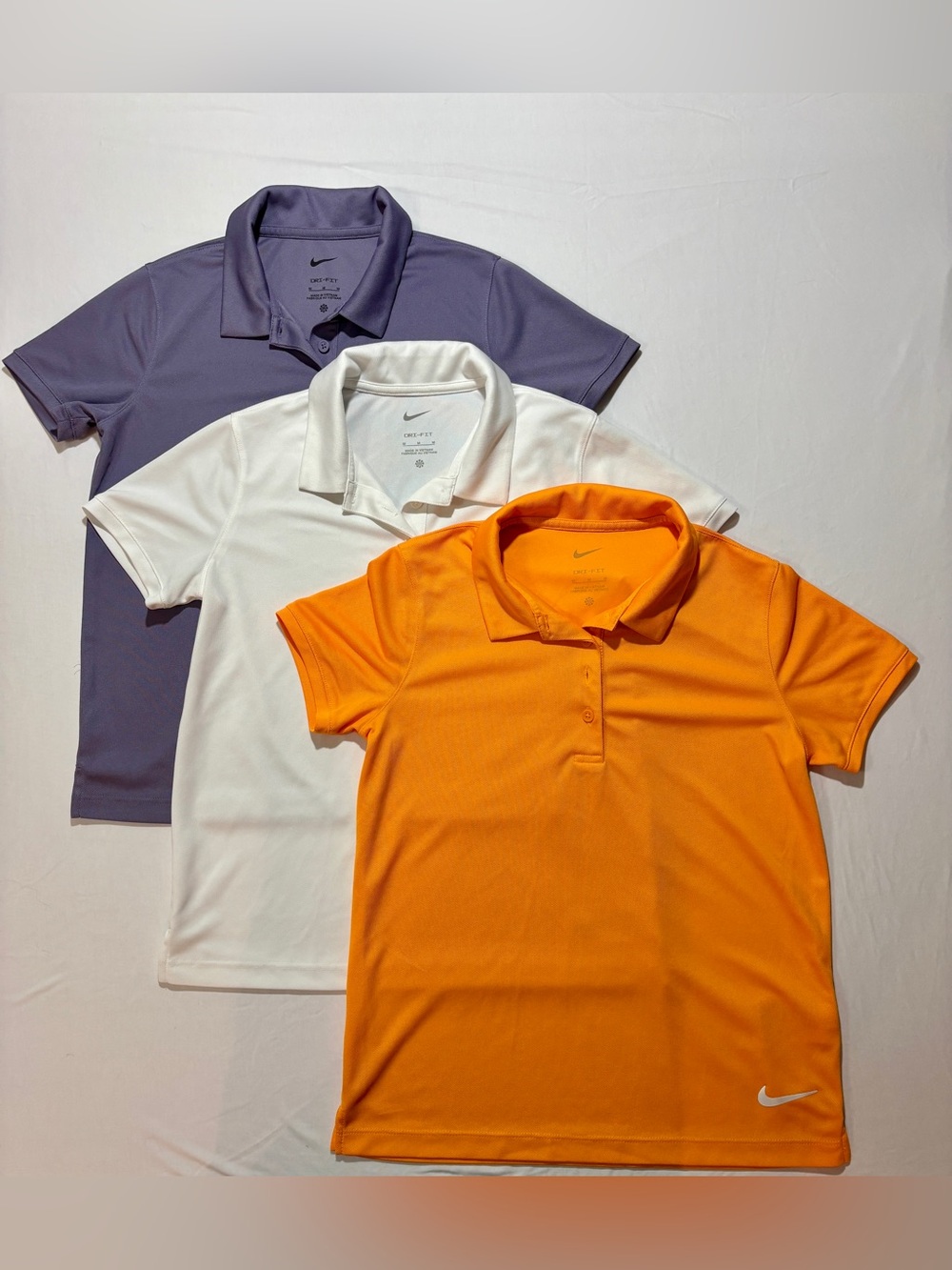 Nike Dri-FIT Girls Polo Shirt Bundle Purple White Orange Size Medium 3-Pack